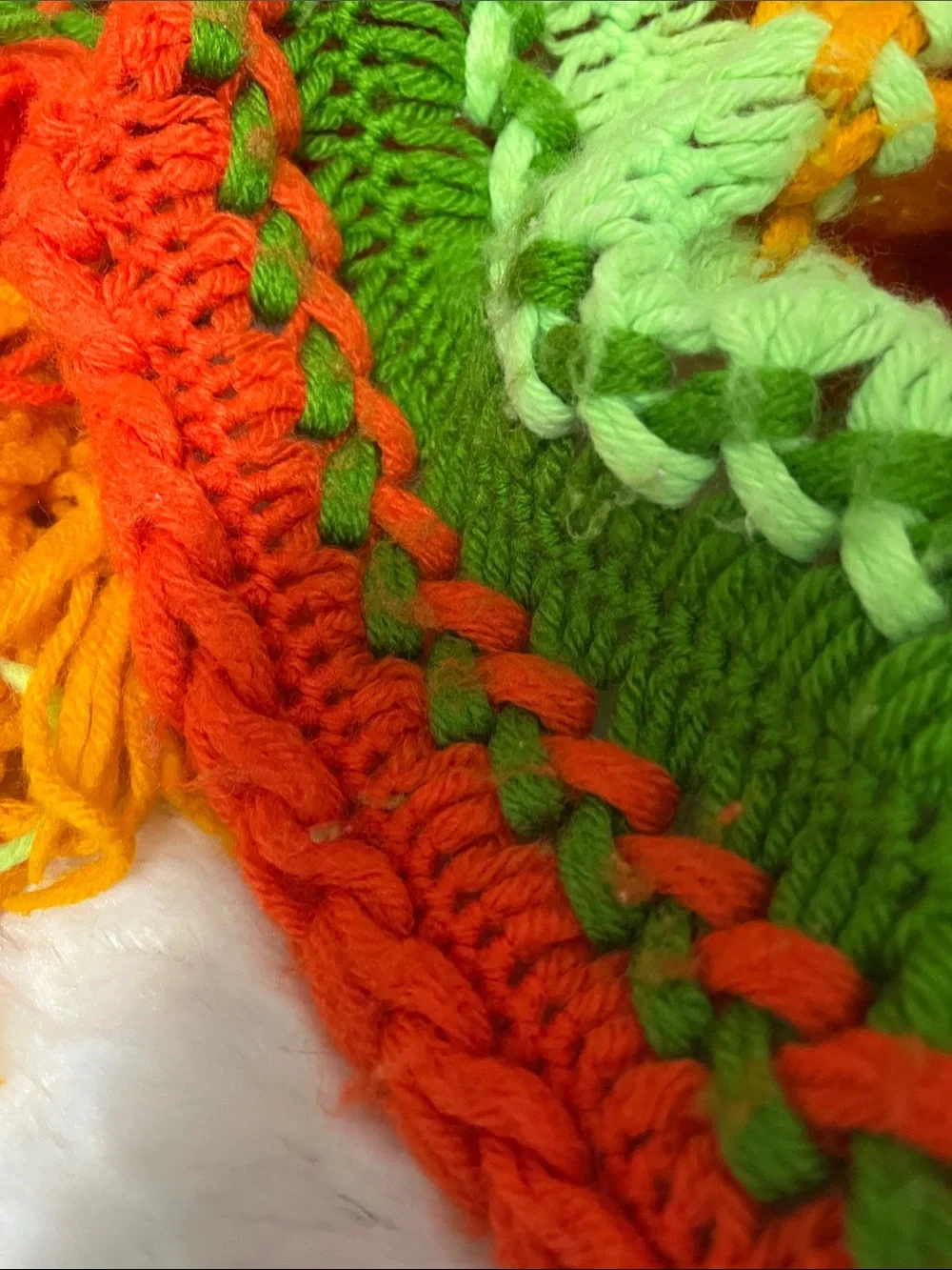 Vibrant Retro Vintage Hand-Crocheted Fringe Throw in Lime, Orange & Green